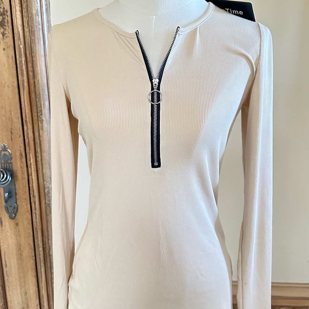 Beige Long Sleeve Zip Top